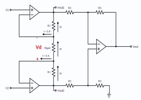 Instrumentation amplifier showing current directions