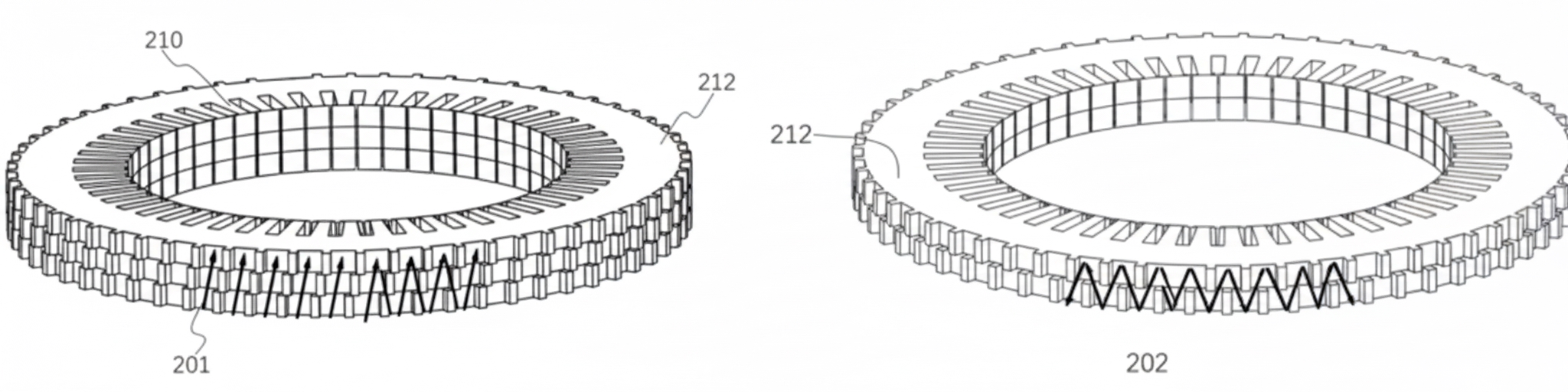 Figure 8.1 Inclined stacking of second laminations. Figure 8.2 Staggered stacking of second laminations. Figure 8.3 Cooling channel schematic.