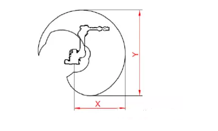 The maximum vertical reach is measured from the lowest reachable point (often below the robot base) to the maximum height the wrist can reach (Y).
