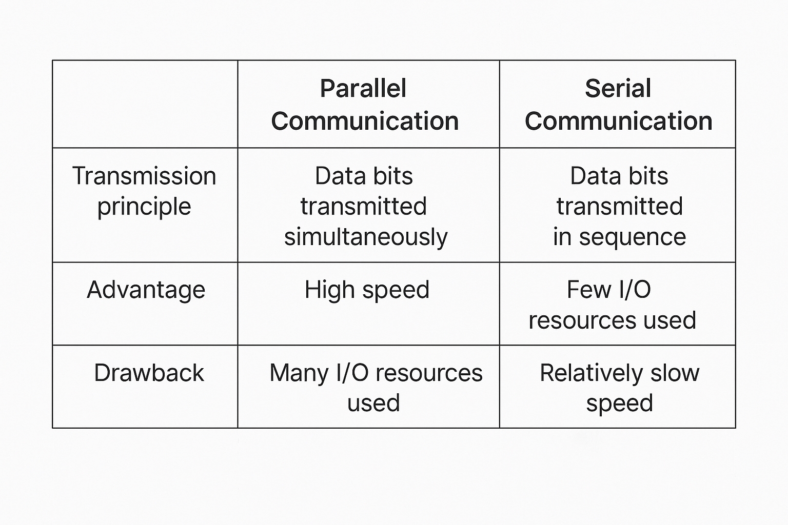 The key differences between parallel and serial communication include wiring, speed, and typical applications.