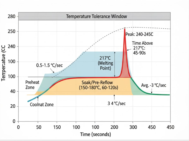 Graph of temperature vs. time in SAC305 reflow soldering for multilayer PCBs