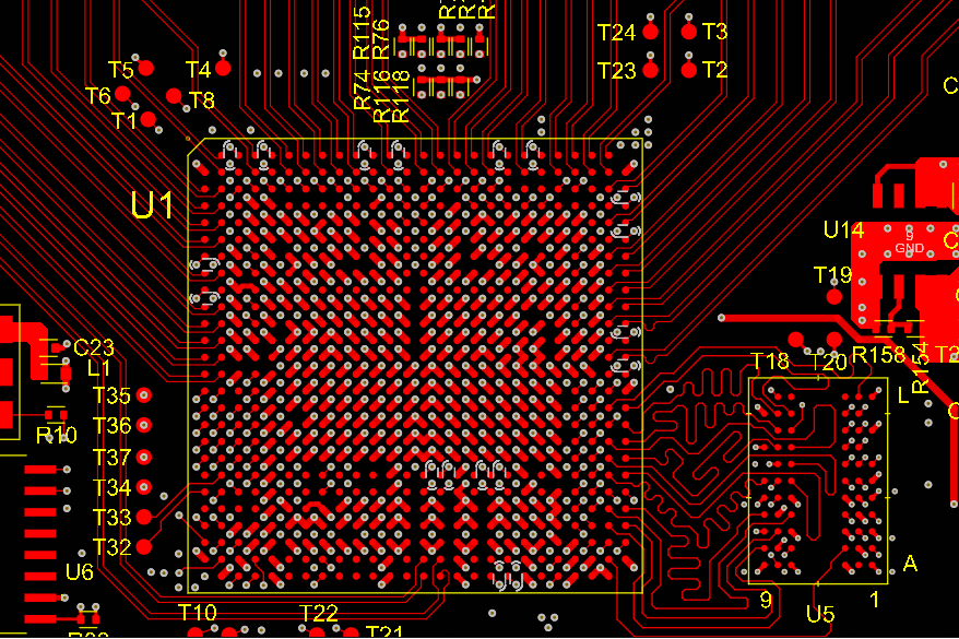 Annotated trace layout showing staggered microvias and orthogonal routing in HDI PCB