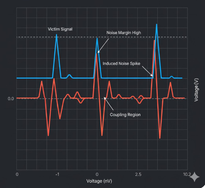Near-end crosstalk plot on high-speed ECU PCB traces showing mitigation techniques