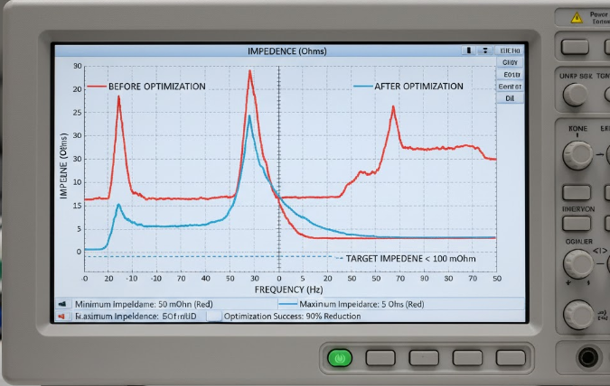 Oscilloscope trace showing PDN impedance profile before and after optimization in ECU PCB