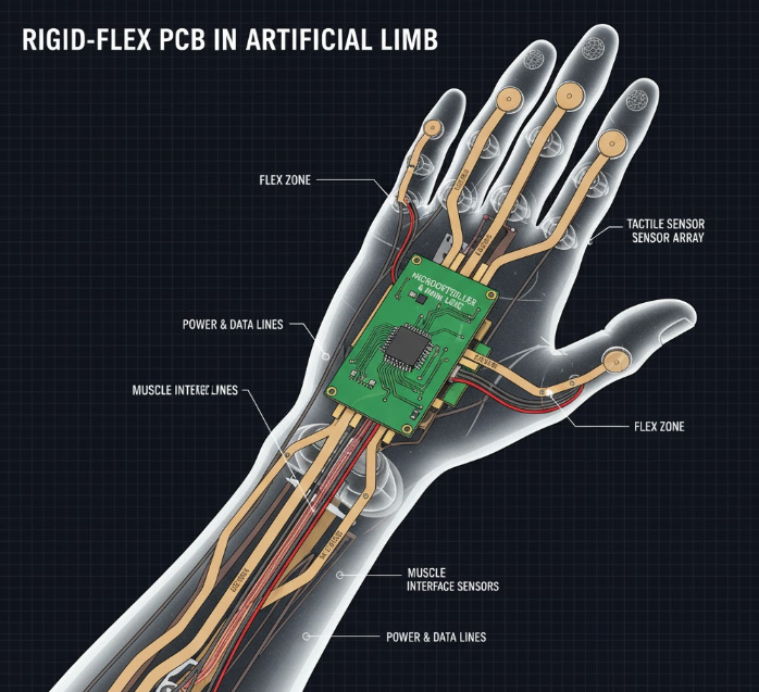 Photo of an artificial limb prosthetic hand disassembled to reveal rigid-flex PCB routing sensors and actuators