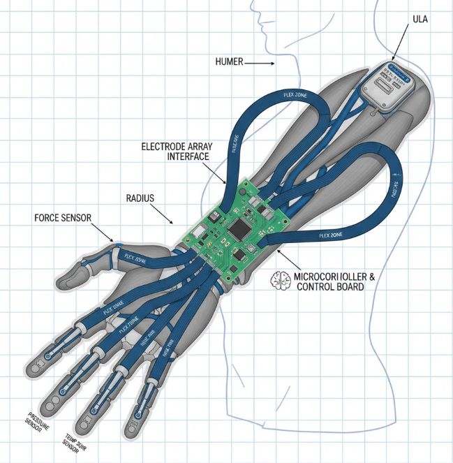 Diagram of rigid-flex PCB integrated into an artificial limb, showing flex zones routing to sensors and rigid board for microcontroller