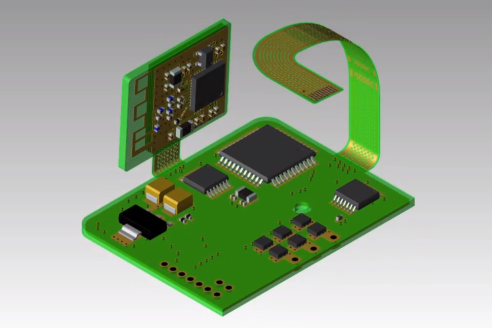 Microscopic cross-section of HDI rigid-flex PCB highlighting microvias and flex layers for high-density wearable electronics