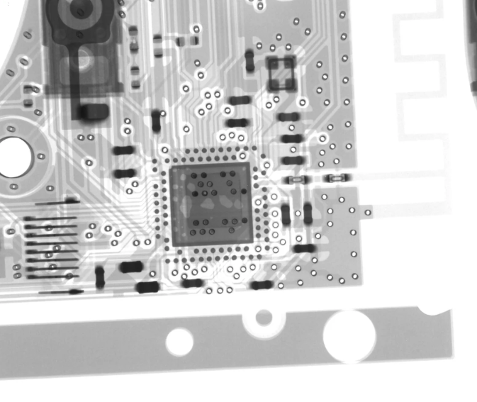 X-ray cross-section revealing filled via-in-pad under BGA for thermal management in HDI ultrasound board