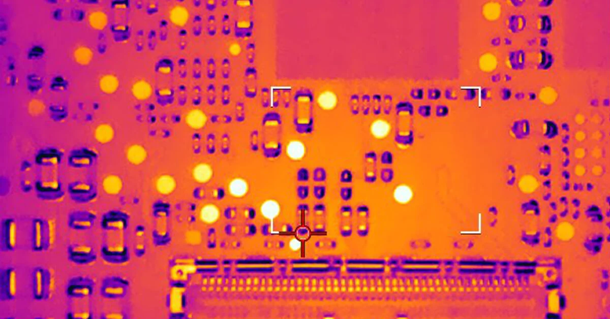 Thermal camera image highlighting hotspots on a power PCB