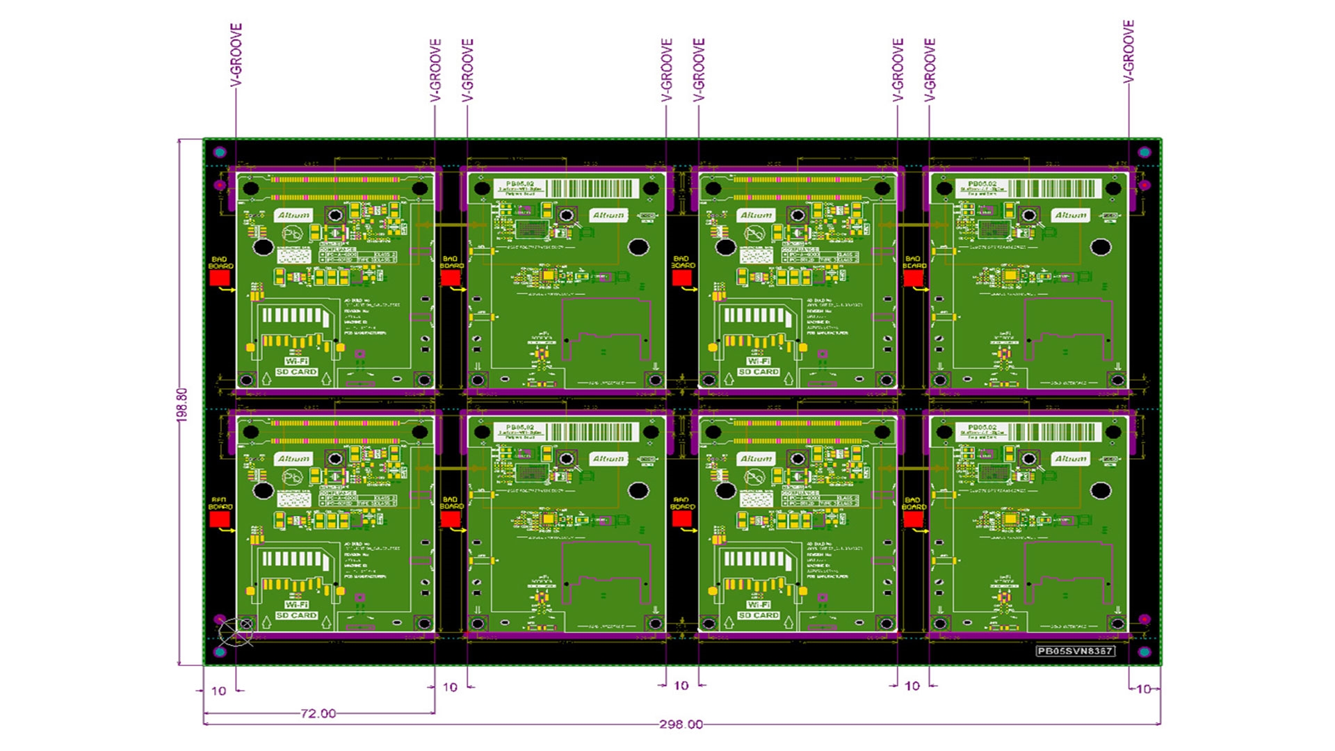 A panel of multiple PCB designs ready for production