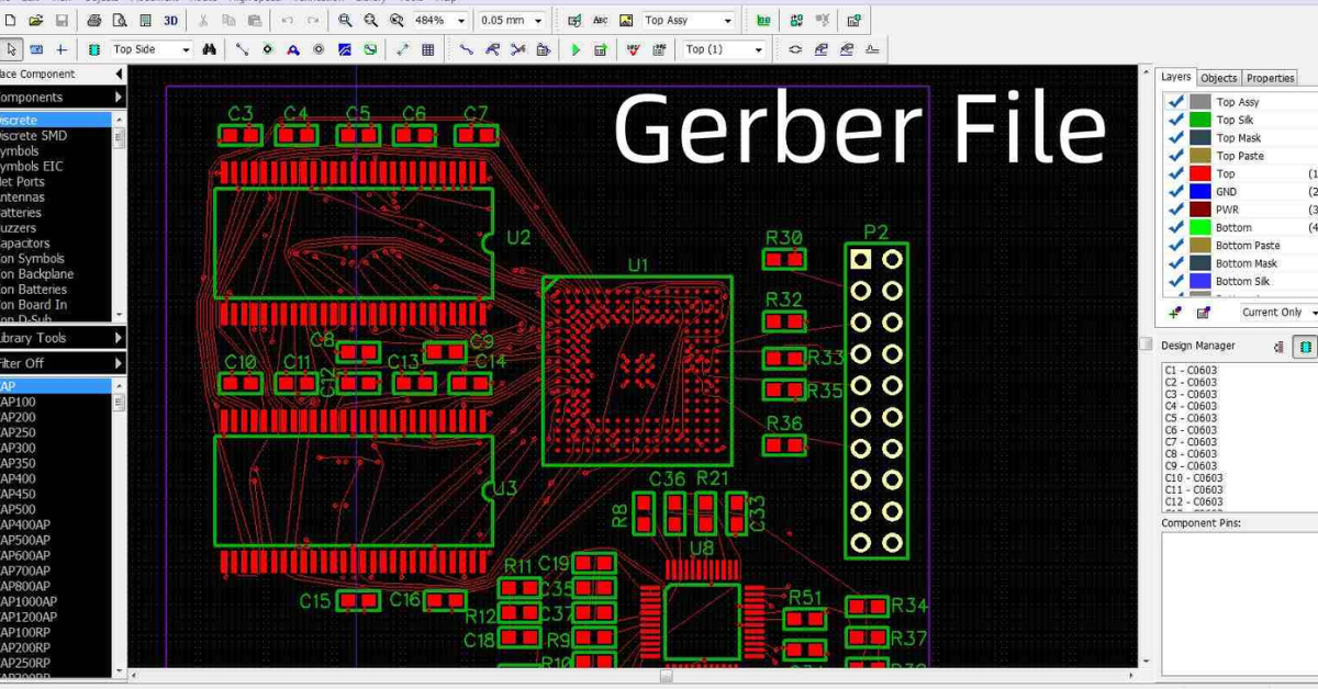 A screenshot of PCB design software showing Gerber file export