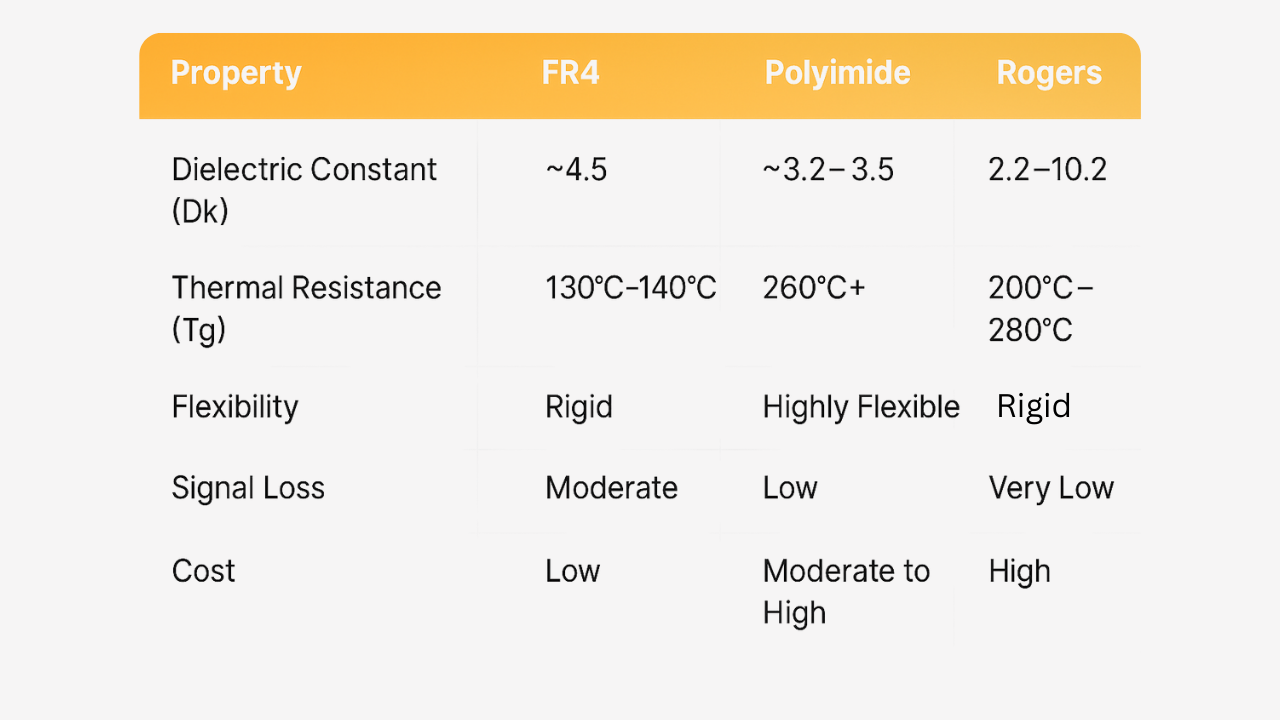 A chart comparing dielectric constants of FR-4 and Rogers materials