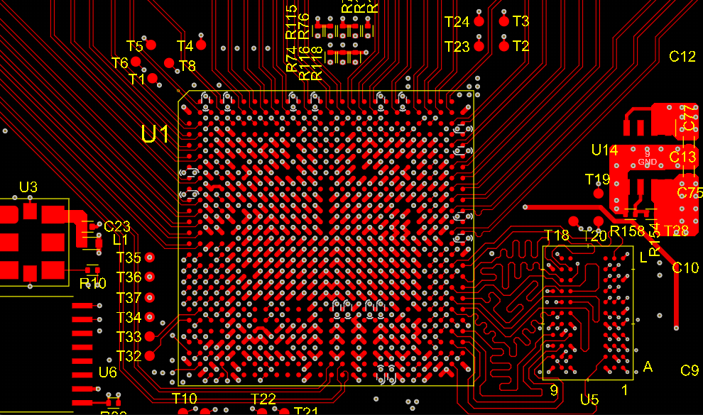 Top view of a fine pitch BGA layout with via-in-pad design