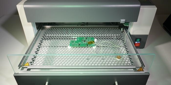 Multilayer panels sandwiched between aluminum plates inside oven for stress relief baking