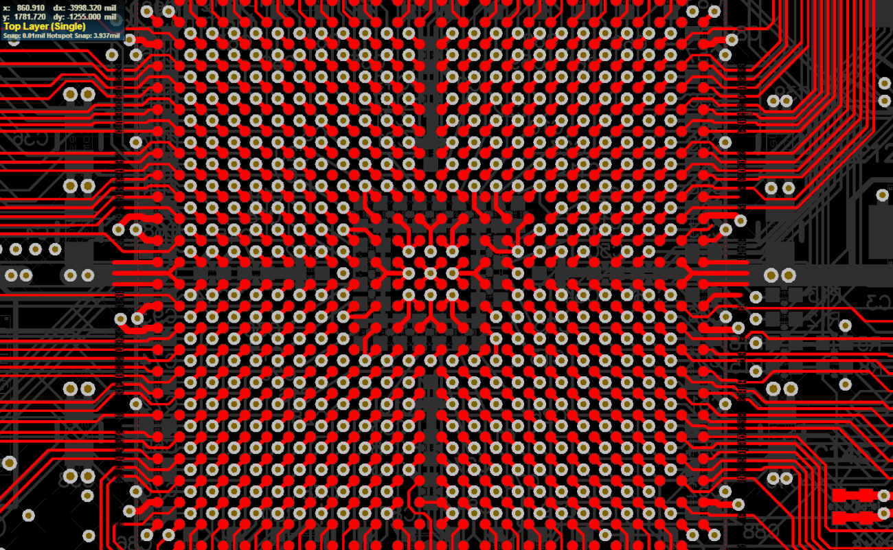 BGA showing dog-bone fanout pattern and via-in-pad usage