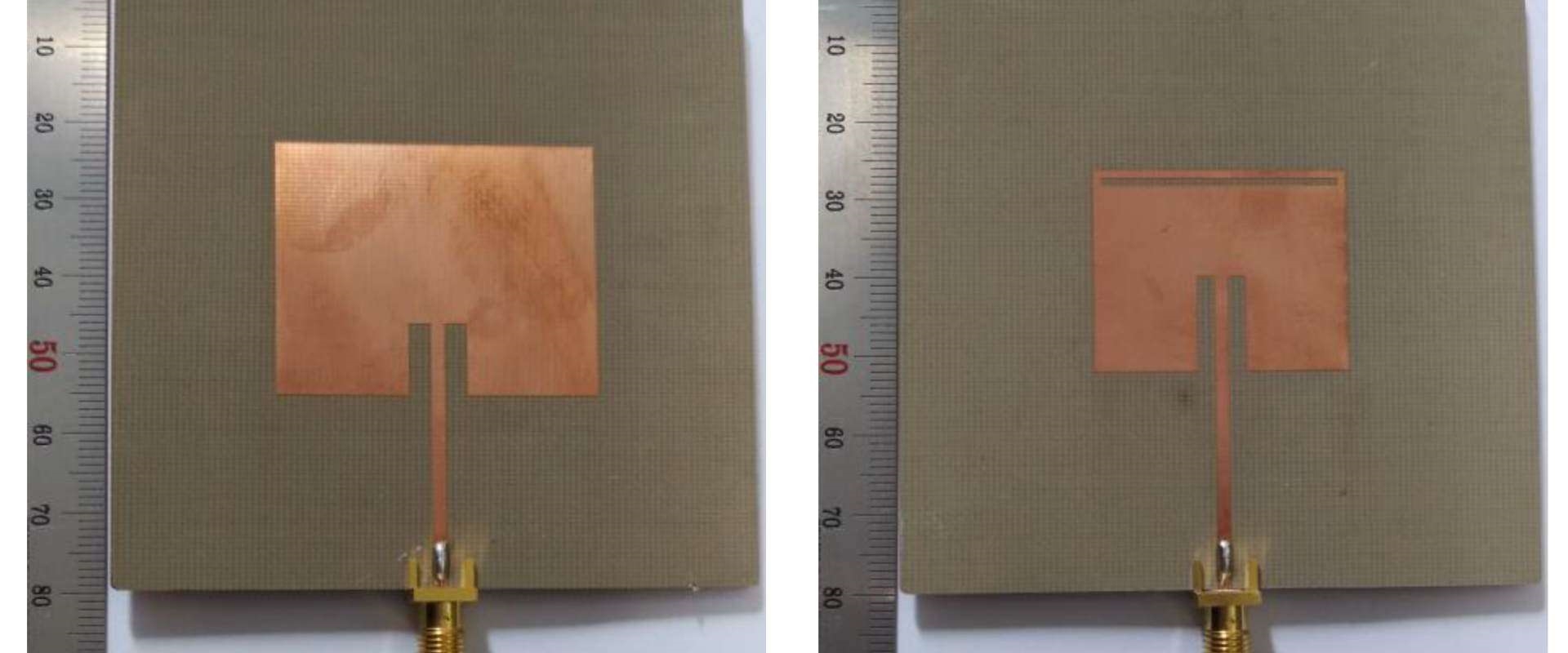 Patch antenna design on an RF PCB with visible dielectric layers