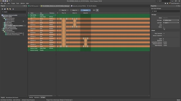 Screenshot of blind via configuration in PCB design software