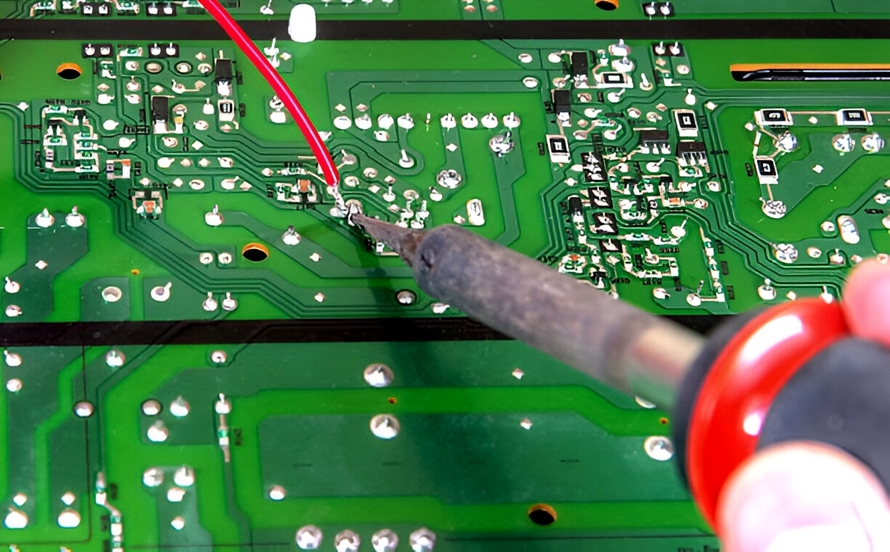 Soldering iron applying solder to a broken PCB trace