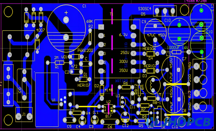 PCB layout showing spacing between microvias and traces