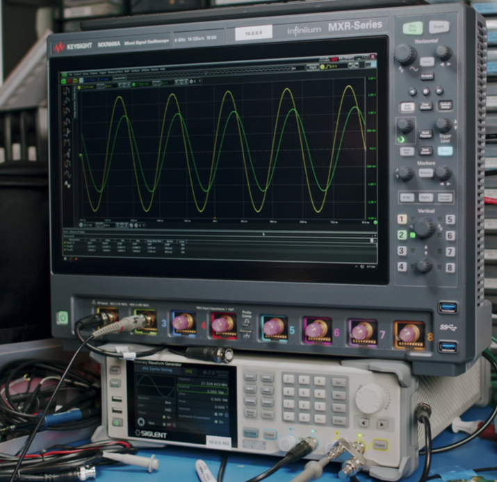 Oscilloscope setup for testing signal integrity on an RF PCB