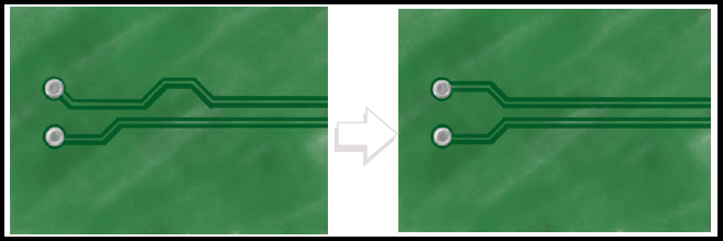 Close-up of differential pair traces on a PCB layer