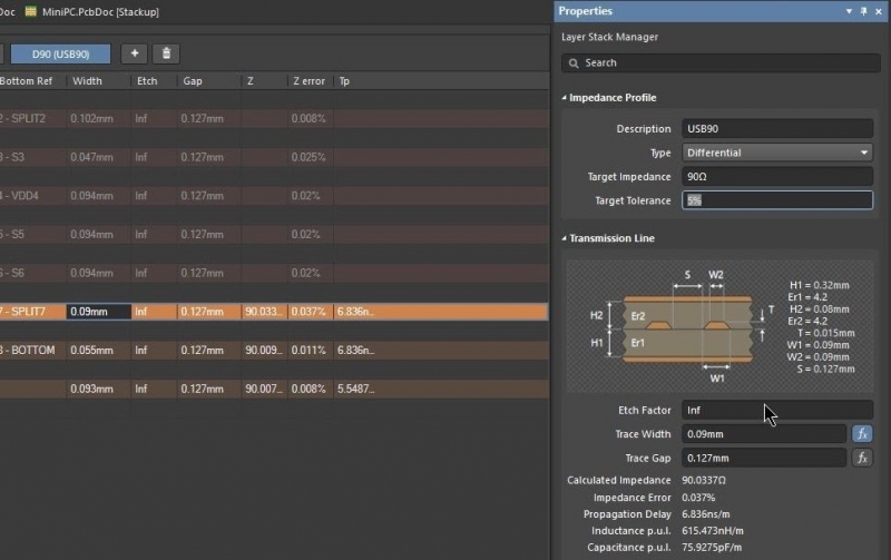 Screen showing software for differential impedance calculation