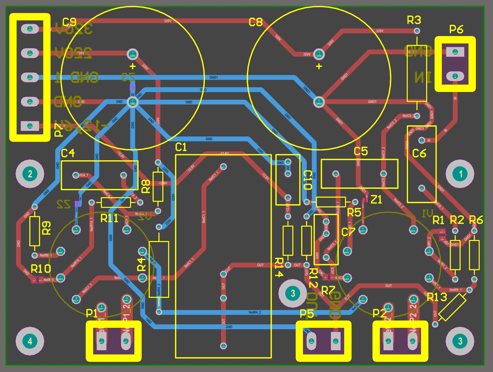 PCB design showing single point grounding connection near power input