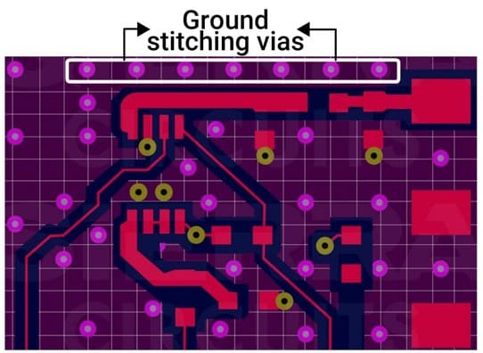 A PCB layout showing a dedicated ground plane layer
