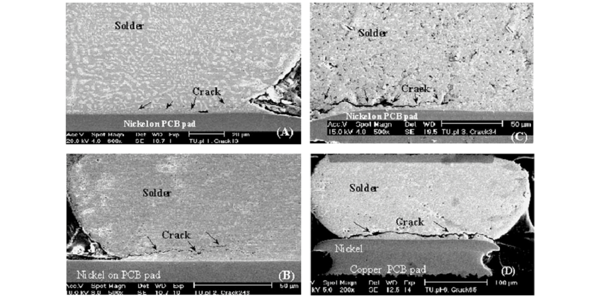 Scanning electron microscope view of PCBA solder joint fatigue crack