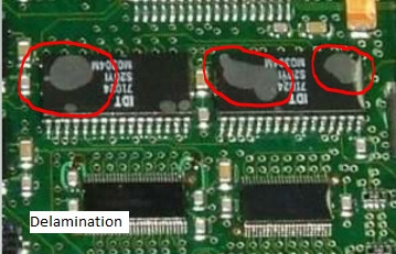 Close-up view of conformal coating delamination on a PCB