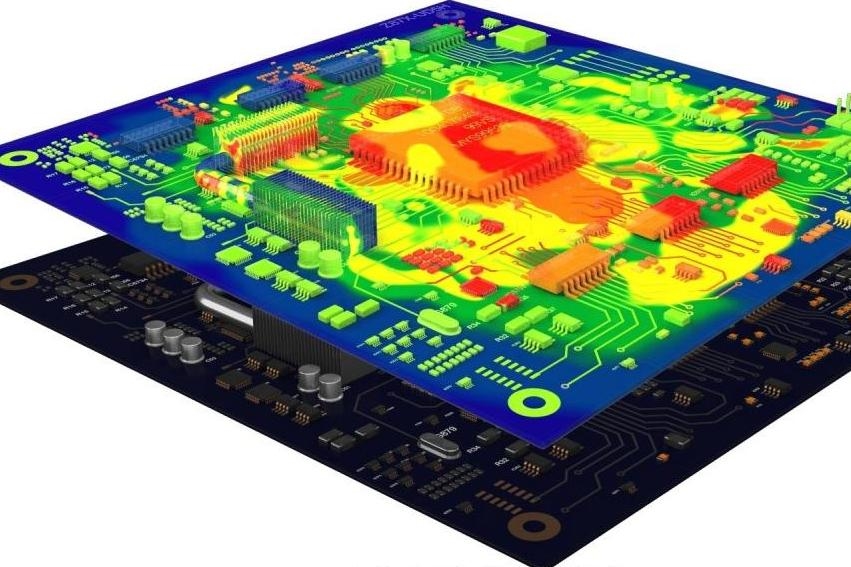 Heat map showing thermal dissipation on a heavy copper FR-4 PCB