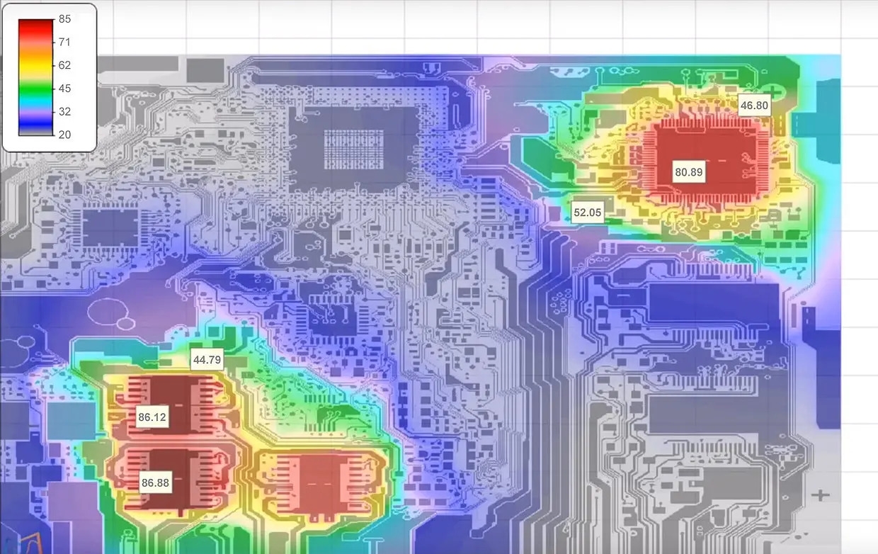 Thermal image showing heat distribution on a heavy copper PCB