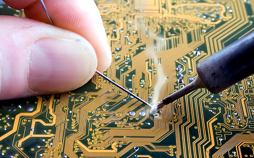 Close up of a soldering iron heating a PCB pad for component attachment