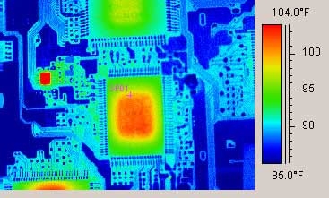 Thermal camera showing heat distribution on a PCB